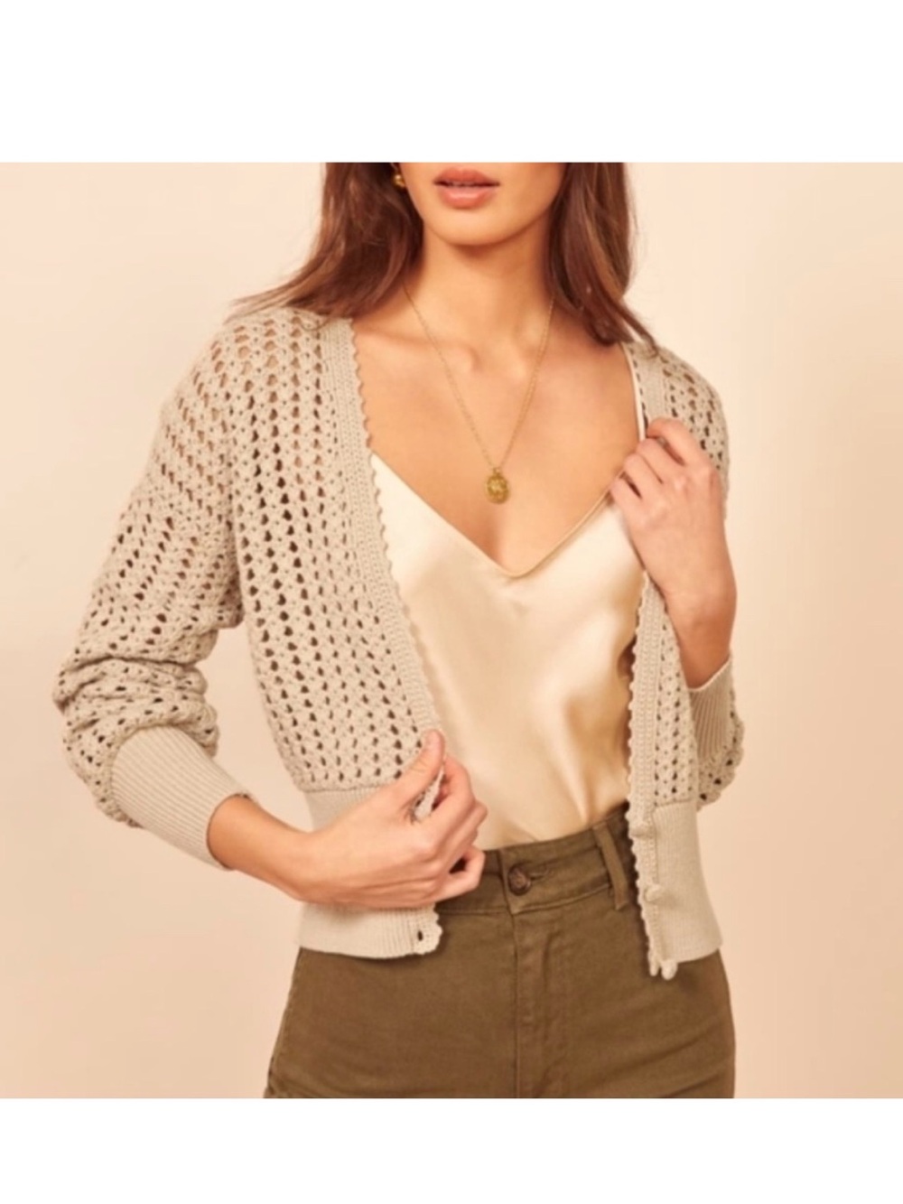Reformation Erin Natural Crochet Knit Cardigan Sweater S